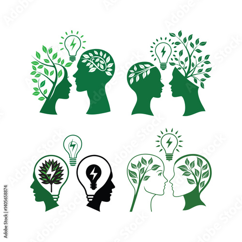 Two green human heads facing  logo Lightbulb