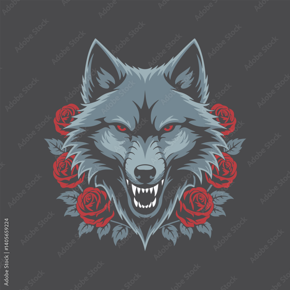 Fototapeta premium Gothic Wolf Vector with Dark Rose Composition
