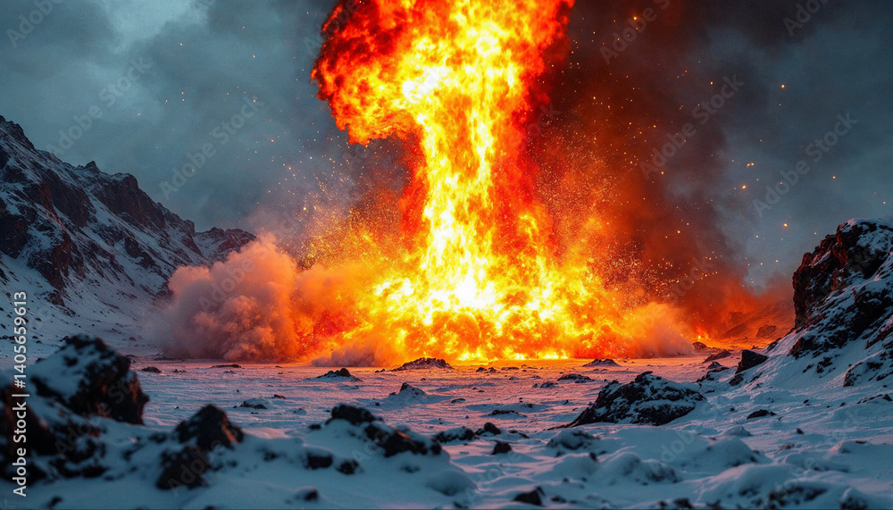 Volcanic eruption creates a fiery explosion in a snowy mountainous landscape during the early evening hours Volcanic eruption creates a fiery explosion in a snowy mountainous landscape during the early evening hours