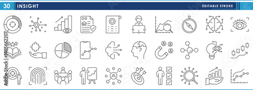 A set of line icons related to Insight. Understand, vision, policy, graph, innovation, brain, puzzle, achievement, and so on. Vector editable stroke.