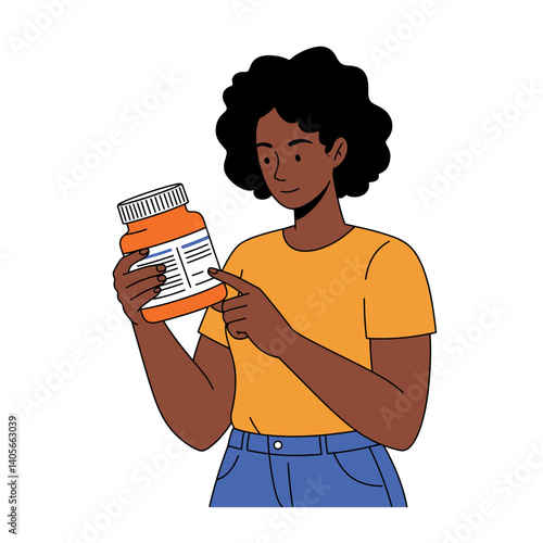 Healthcare Consultation: A woman examines a medication bottle, highlighting patient education, healthcare, and medication adherence, crucial for responsible medicine use.