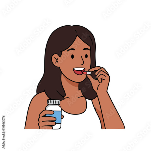 Taking Medication: A woman gracefully consumes a capsule, illustrating themes of health, wellness, and medical adherence, highlighting the importance of medication and healthcare.
