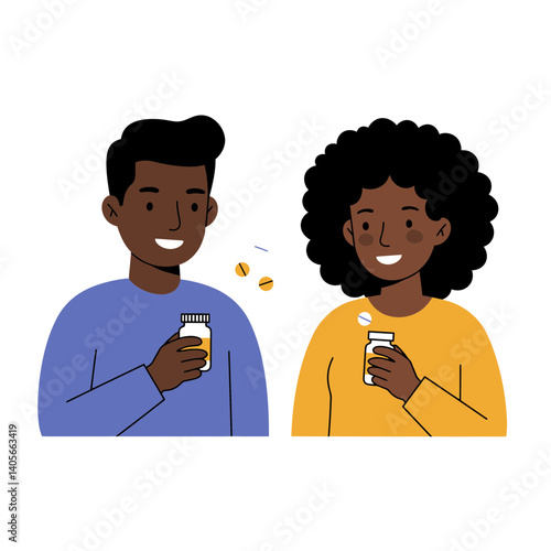 Taking Medicine: Two individuals hold medicine bottles, and a pill float in mid-air, symbolizing the importance of health and well-being and promoting healthy habits.