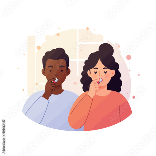 Morning Ritual: Two individuals practice their dental hygiene routine, using toothbrushes to care for their teeth, promoting oral wellness with a vibrant illustration of self-care.