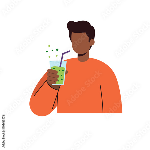 Man Enjoying a Green Smoothie: A dark-skinned man holds a glass of refreshing green smoothie with a straw, enjoying a healthy beverage.