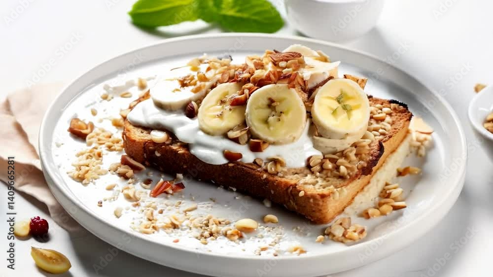 Close-up of a gourmet toast topped with bananas, nuts, and yogurt, styled for a cooking video. Shot from a high angle on a white plate. Close-up of a gourmet toast topped with bananas, nuts, and yogurt, styled for a cooking video. Shot from a high angle on a white plate.