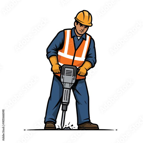 Construction Worker Engaged: A strong construction worker in a hardhat and safety vest operates a jackhammer with precision, emphasizing the intensity and focus required for this demanding task.