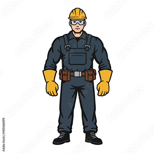 Construction Worker Illustration: A robust construction worker stands tall, clad in a classic blue jumpsuit, yellow hard hat, protective eyewear and sturdy work gloves. ready to tackle any challenge.