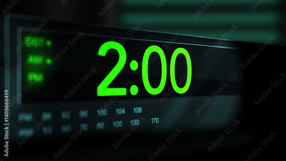 Camera pans across old digital clock as time arrives at 2 AM - Green Version Camera pans across old digital clock as time arrives at 2 AM - Green Version