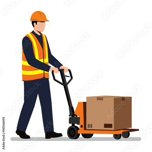 Efficiency in Delivery: A diligent worker, clad in a hard hat and high-visibility vest, meticulously maneuvers a pallet jack loaded with a package, emphasizing precision and safety.