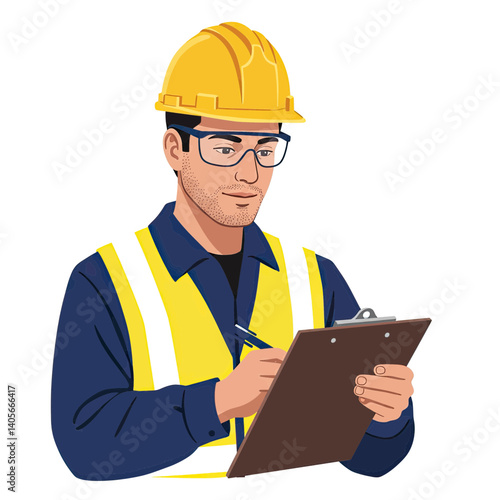 Professional Construction Review: A focused constructor, safety glasses, and a hardhat, meticulously reviewing documents on a clipboard, representing precision and dedication in a controlled setting.