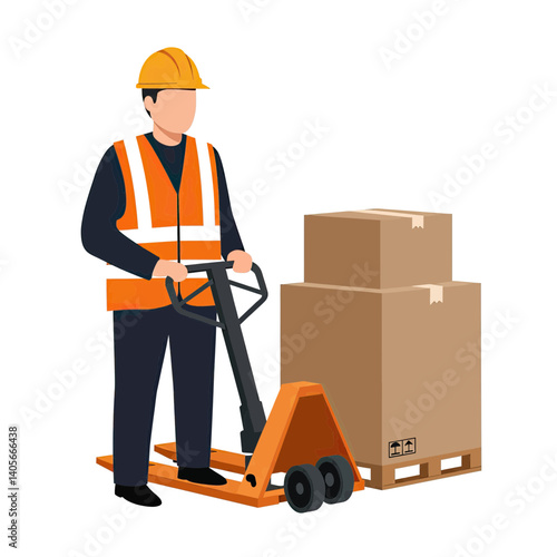 Logistics and Efficiency: A worker efficiently maneuvers a pallet jack, transporting essential cargo boxes in a streamlined process, embodying industry precision.