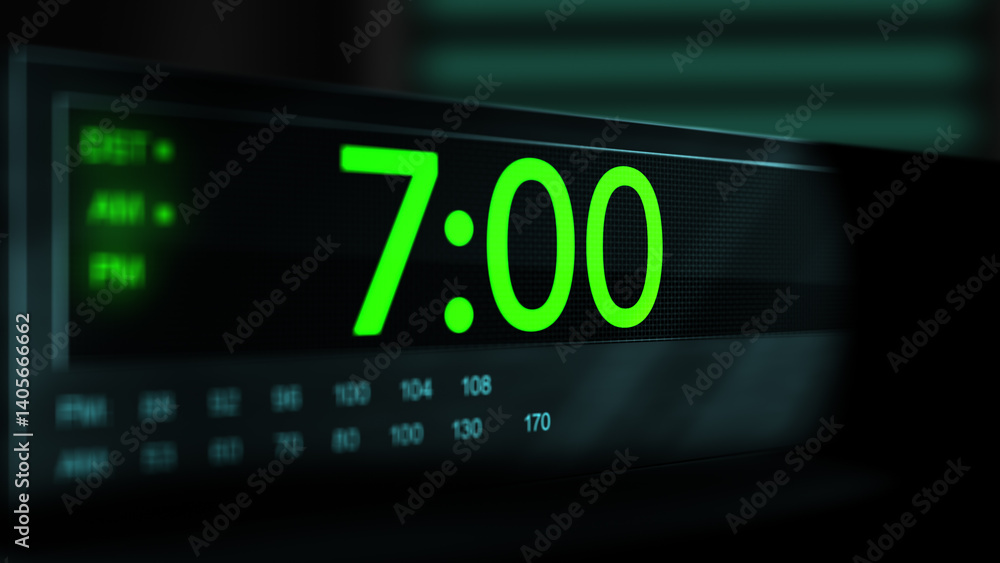 Camera pans across old digital clock as time arrives at 7 AM - Green Version Camera pans across old digital clock as time arrives at 7 AM - Green Version