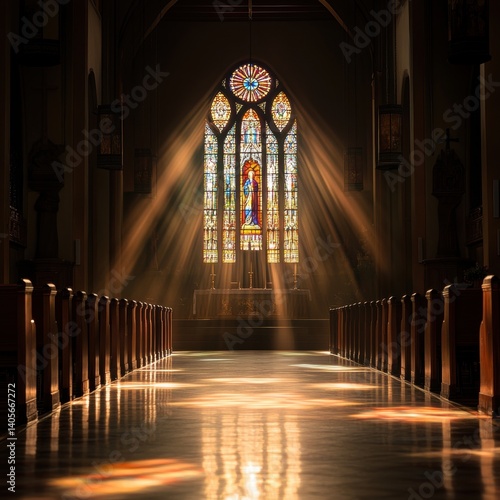Sunlit church interior stained glass window architecture design