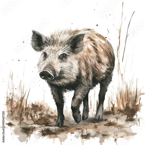 watercolor of Wild Boar In A Muddy Field, vector, isolated on a white background.