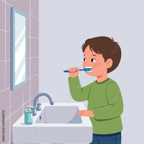 A young boy brushing his teeth at a bathroom sink in a bright, cheerful setting featuring flat design vector art