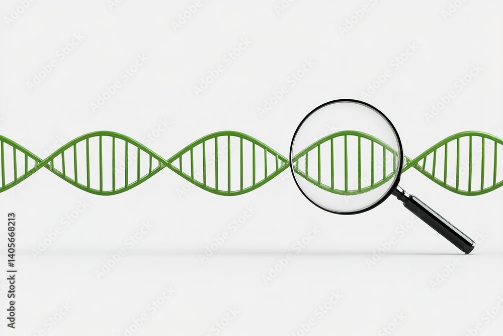 Magnifying glass examining green DNA strand under bright light in laboratory setting showcasing molecular biology Magnifying glass examining green DNA strand under bright light in laboratory setting showcasing molecular biology