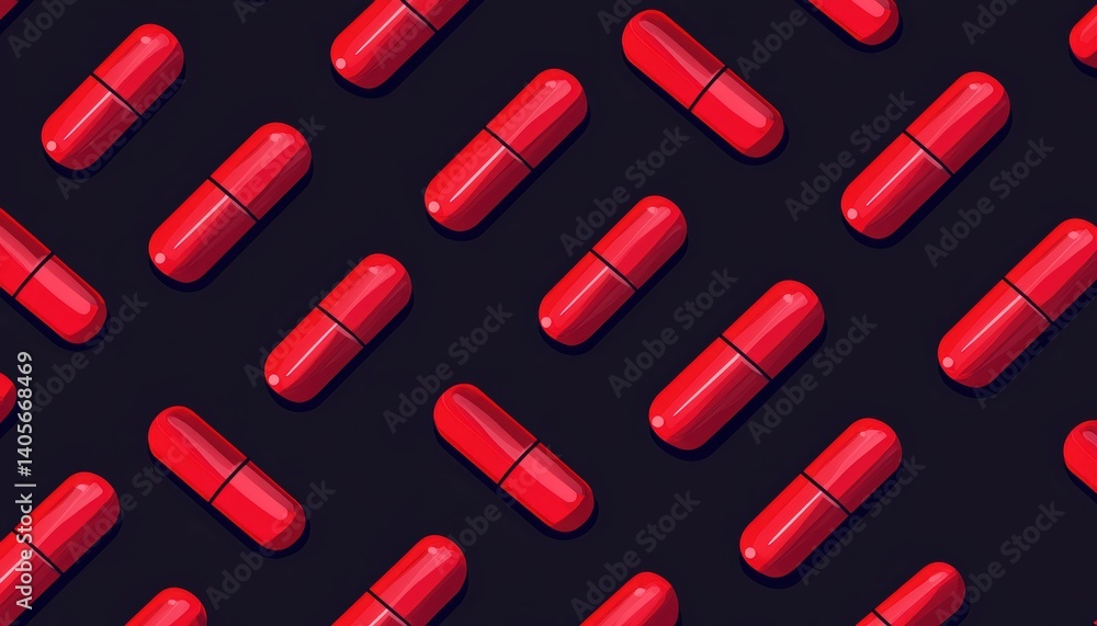 A vibrant pattern of red capsules set against a dark background, showcasing a modern and striking visual design.
