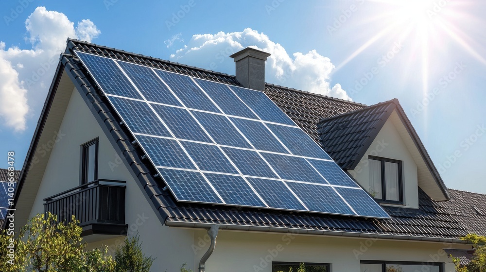 Solar energy system with photovoltaic solar cell panels on house roof (3D Rendering) Solar energy system with photovoltaic solar cell panels on house roof (3D Rendering)