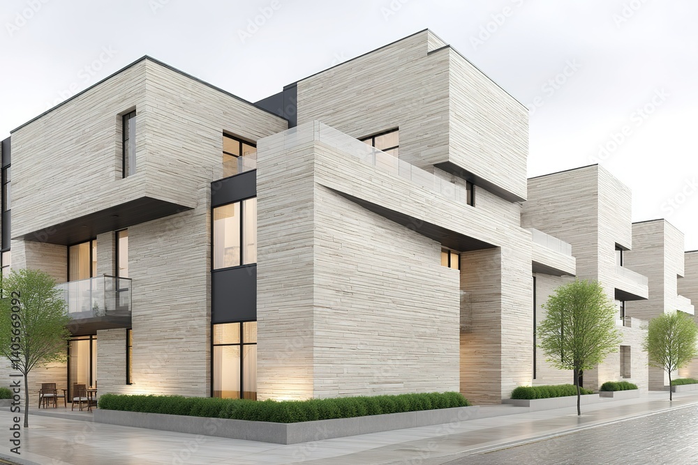 Modern residential buildings in an urban setting featuring a sleek design and minimalist architecture during overcast daylight Modern residential buildings in an urban setting featuring a sleek design and minimalist architecture during overcast daylight
