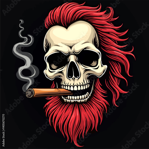 Biker vector t-shirt design with smoke human skull
with Cuban cigar, red beard on black background.
Fashionable print for fabric, men clothing,
hoodie, jacket, t shirt.