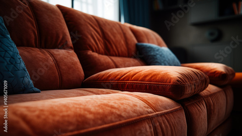 A close-up view of a comfortable couch with plush pillows, perfect for lounging or decorating a living space