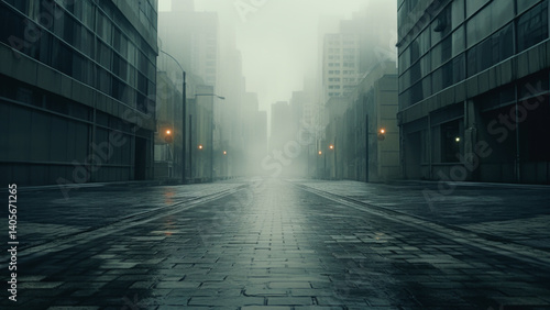 Abandoned city street covered in thick fog, perfect for mystery or thriller scenes