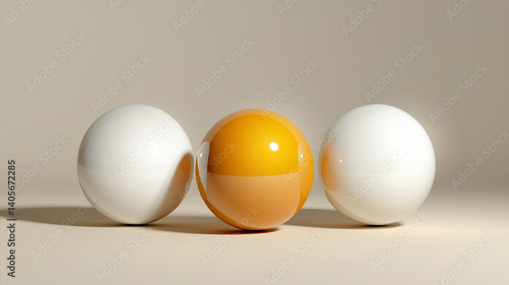 Three Glossy Spheres in White and Orange on a Soft Neutral Background Three Glossy Spheres in White and Orange on a Soft Neutral Background