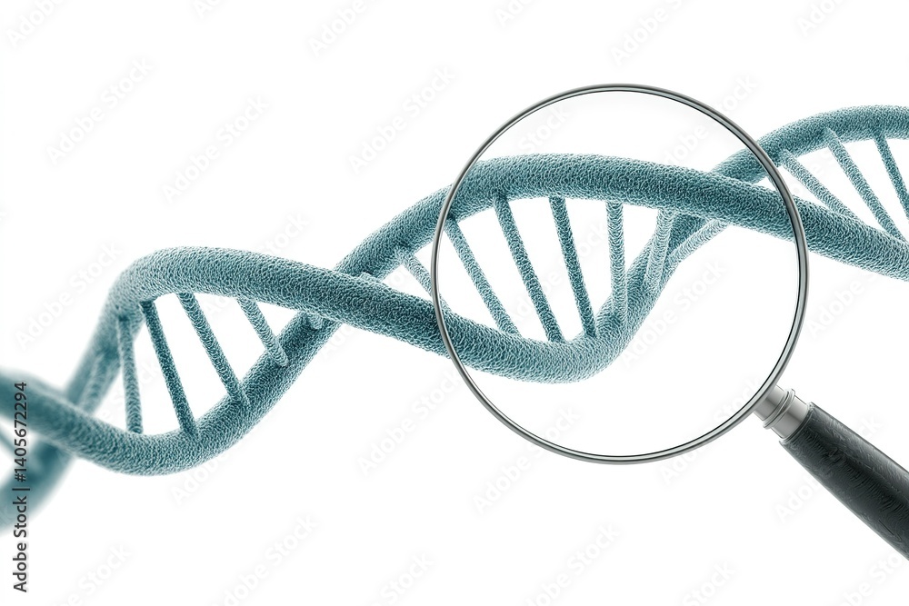 Exploration of DNA structure with magnifying glass revealing double helix form, highlighting genetic complexity Exploration of DNA structure with magnifying glass revealing double helix form, highlighting genetic complexity