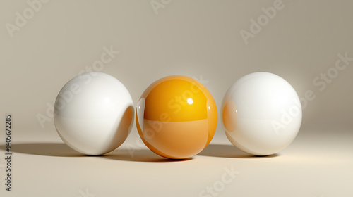 Three Glossy Spheres in White and Orange on a Soft Neutral Background