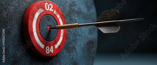 Close-up dart hits center of red target. Success achieved, precise aim on a textured surface