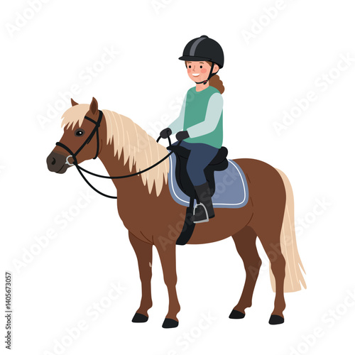A young girl wearing a helmet and riding a brown pony in a flat, colorful vector illustration, showcasing joy and connection with animals, vector art