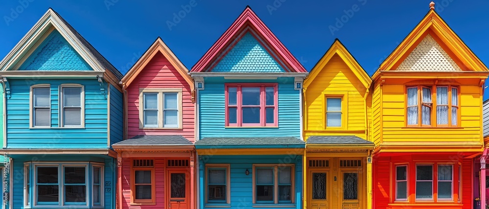 Obraz premium A row of colorful Victorian houses. Sky is blue. Bright colors, different, vibrant, vivid, cheerful