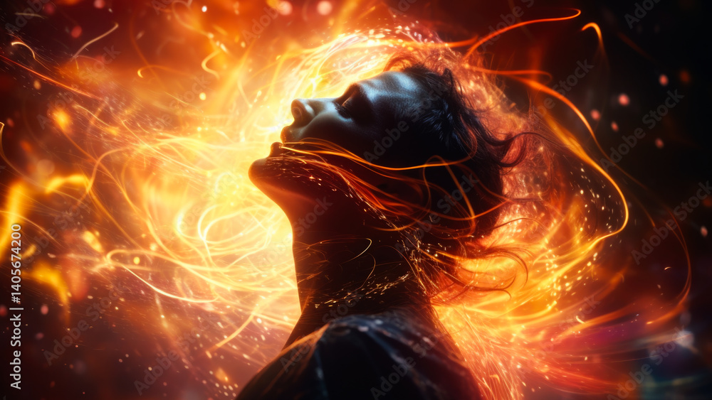 A woman with flowing hair caught in the breeze