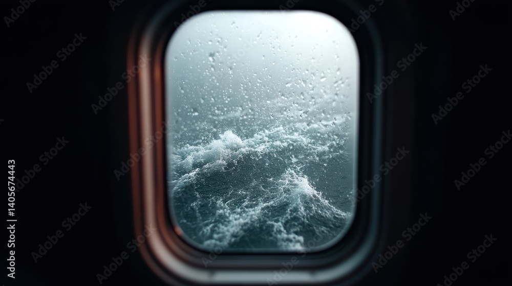Fototapeta premium Stormy ocean view through raindrop-covered window from an airplane