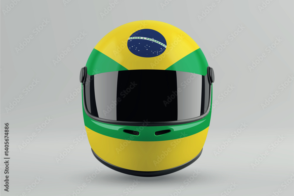 Front view of racing helmet featuring Brazil flag colors