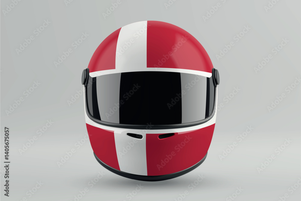 Front view of racing helmet featuring Denmark flag colors