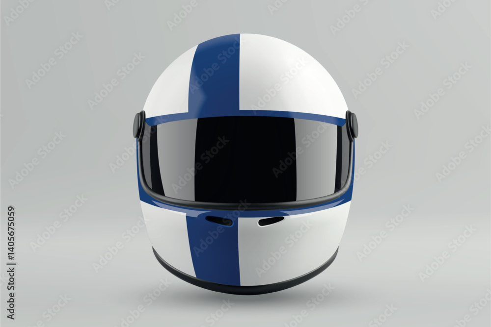 Front view of racing helmet featuring Finland flag colors