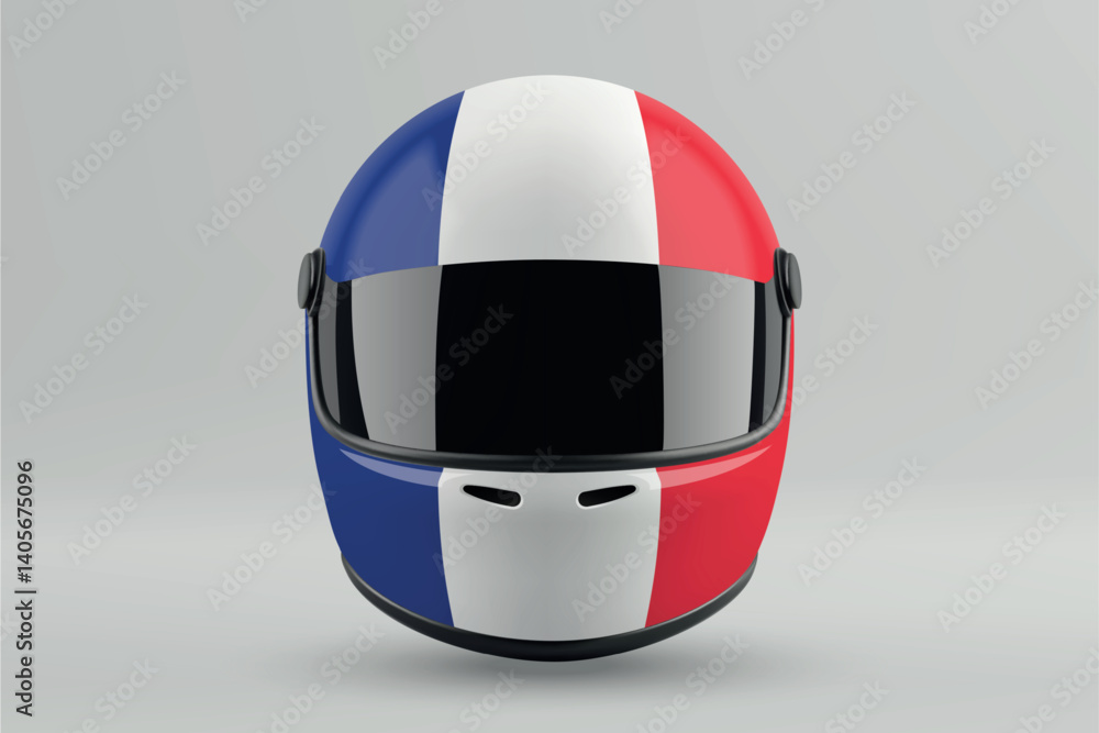 Front view of racing helmet featuring France flag colors