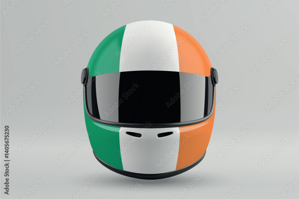 Front view of racing helmet featuring Ireland flag colors