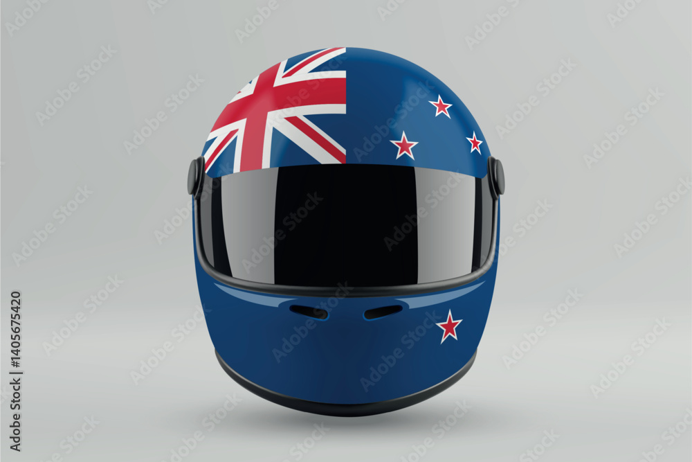 Front view of racing helmet featuring New Zealand flag colors
