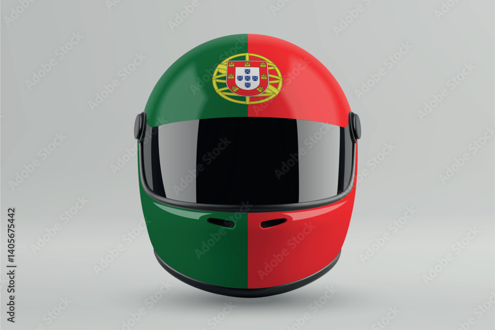 Front view of racing helmet featuring Portugal flag colors