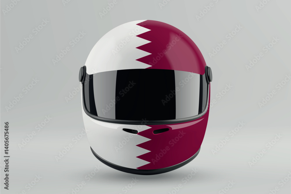 Front view of racing helmet featuring Qatar flag colors