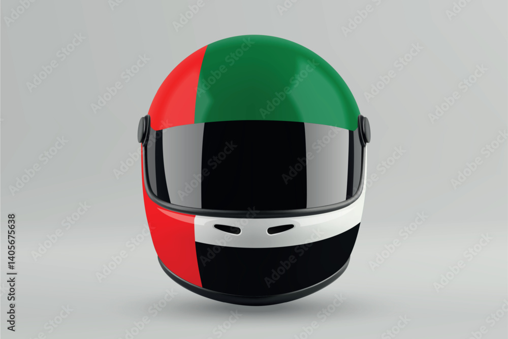 Front view of racing helmet featuring United Arab Emirates flag colors