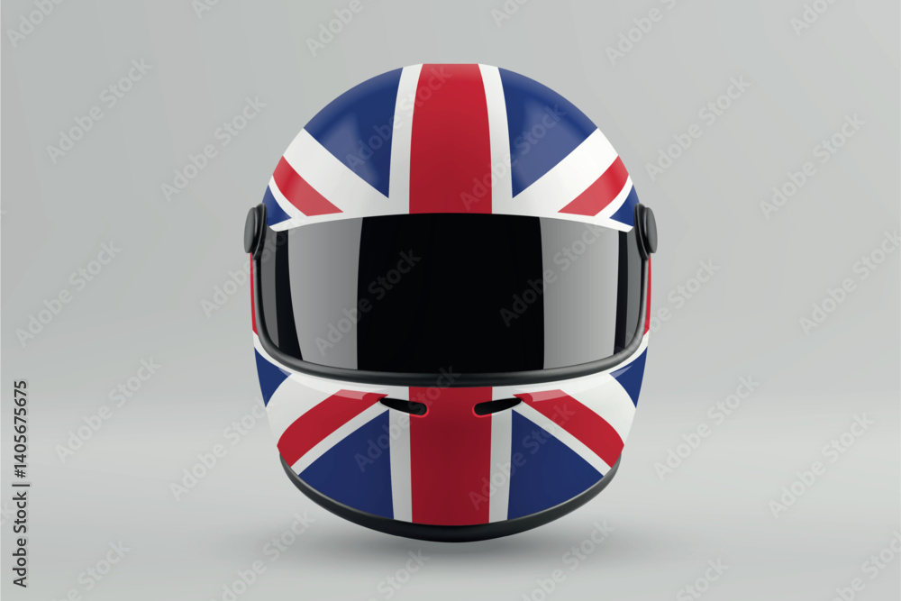 Front view of racing helmet featuring United Kingdom flag colors