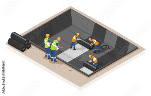 Construction workers installing HDPE geomembrane sheets in a lined wastewater treatment pond to prevent seepage and ensure proper environmental protection isometric isolated
