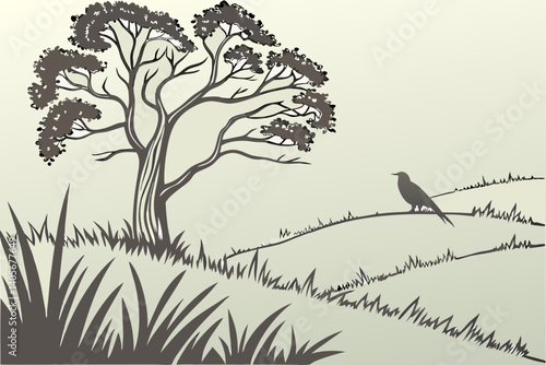 Serene Landscape: A detailed monochrome illustration portrays a tranquil scene, with a majestic tree and a perched bird taking center stage amid rolling hills and grassy foregrounds. 