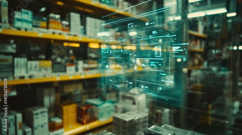 Wallpaper Mural A closeup of a holographic display in a warehouse illustrating an augmented reality stock inventory system with floating icons indicating available products and their locations Torontodigital.ca