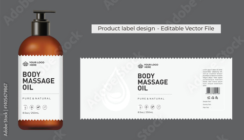 Massage oil label design, spa product packaging design, aromatherapy essential oil with realistic mockup illustration, bottle label design of the cosmetic wellness product packaging