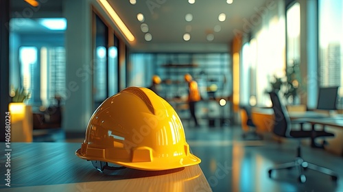 Bright yellow safety helmet rests on an office desk.